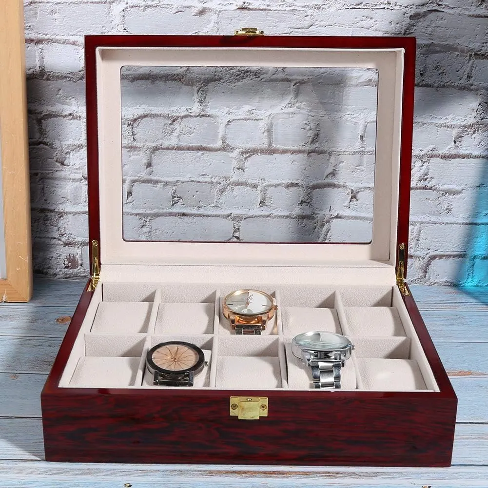 Watch Box For Men,Wooden 10 Grid Watch Display Box Transparent Window Watch Storage Box Wood Mens Watch Box Organizer