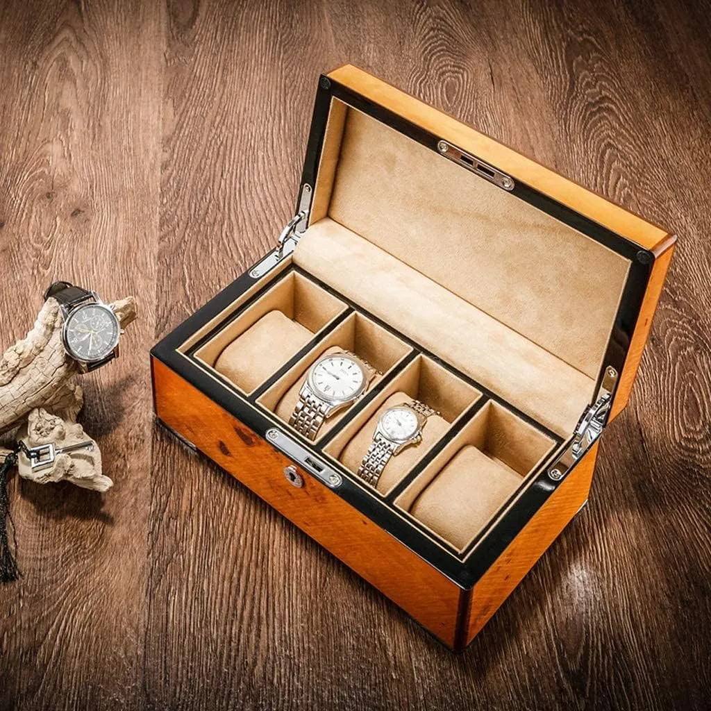 Watch Case Watch Roll 4 Grids Solid Wood Watch Box Case Professional Holder Organizer for Clock Watches Jewelry Watch Case Display Watch Box Watch Winder(C)