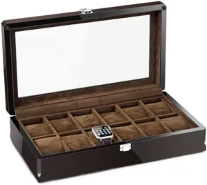Watch Case Watch Roll Watch Box 12 Grid Watch Box Jewelry Box with Wood Grain Watch Storage Box Transparent Window for Home Watch Box Watch Winder