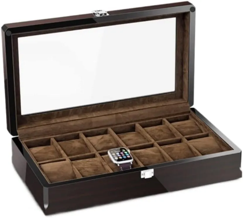 Watch Case Watch Roll Watch Box 12 Grid Watch Box Jewelry Box with Wood Grain Watch Storage Box Transparent Window for Home Watch Box Watch Winder