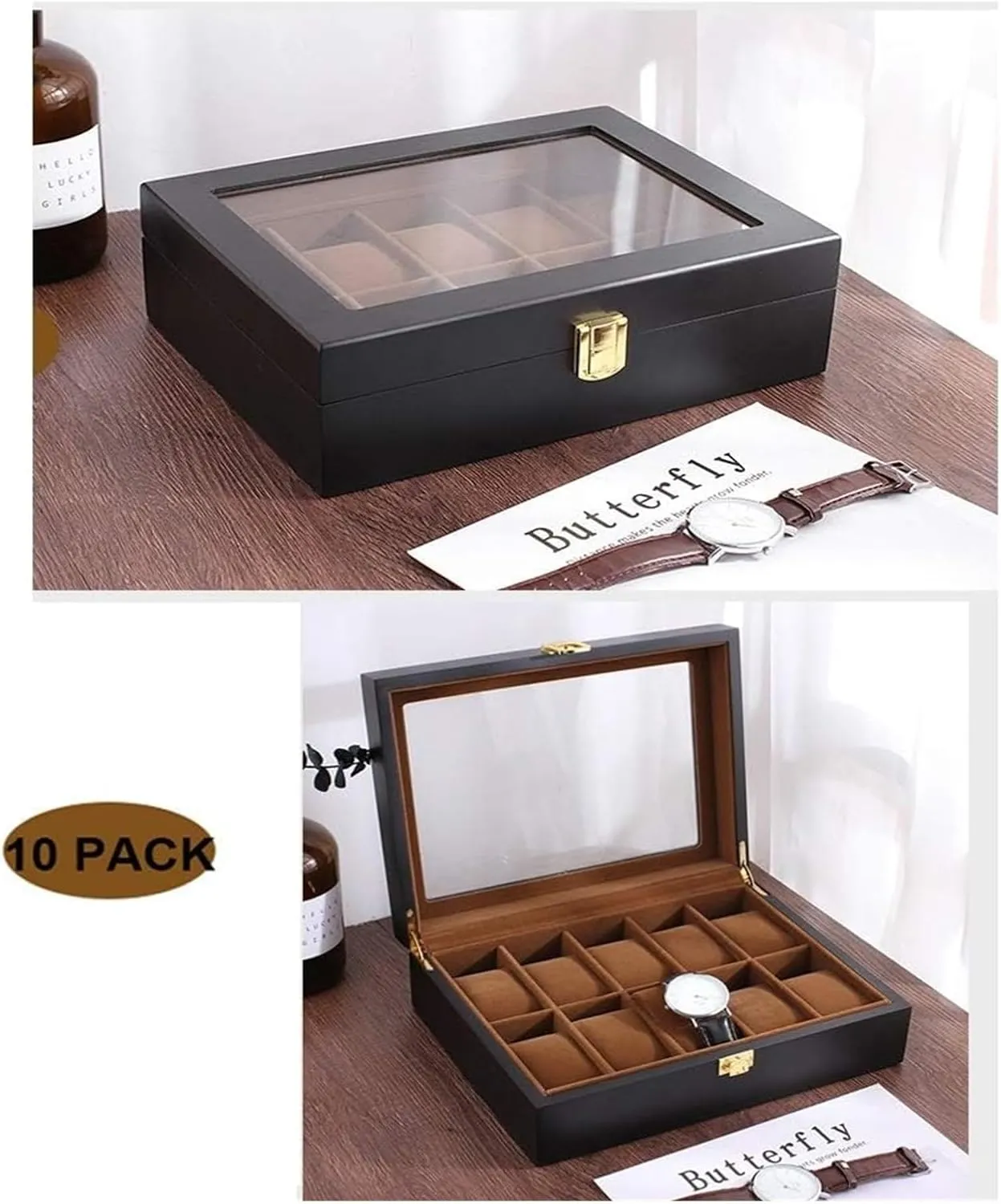 Watch Case,Elegant Wooden Watch Box Organizer for Men Women with 10 Slots, Transparent top, Portable Watch Holder Mens Watches Case Storage Best for The Husband,