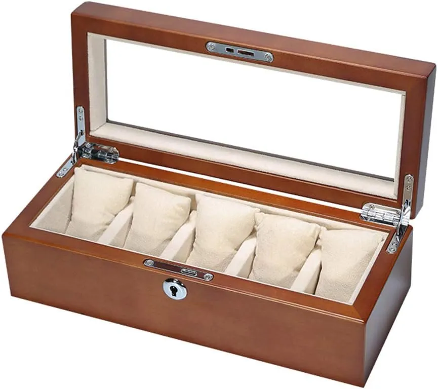 Watch Display Storage Box Jewelry Collection Case Organiser Holder Wooden Watch Box for 5 Watches Large Compartments Transparent Window Soft Cushions,Wood Color/Brown