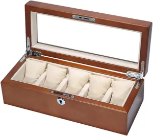 Watch Display Storage Box Jewelry Collection Case Organiser Holder Wooden Watch Box for 5 Watches Large Compartments Transparent Window Soft Cushions,Wood Color/Brown