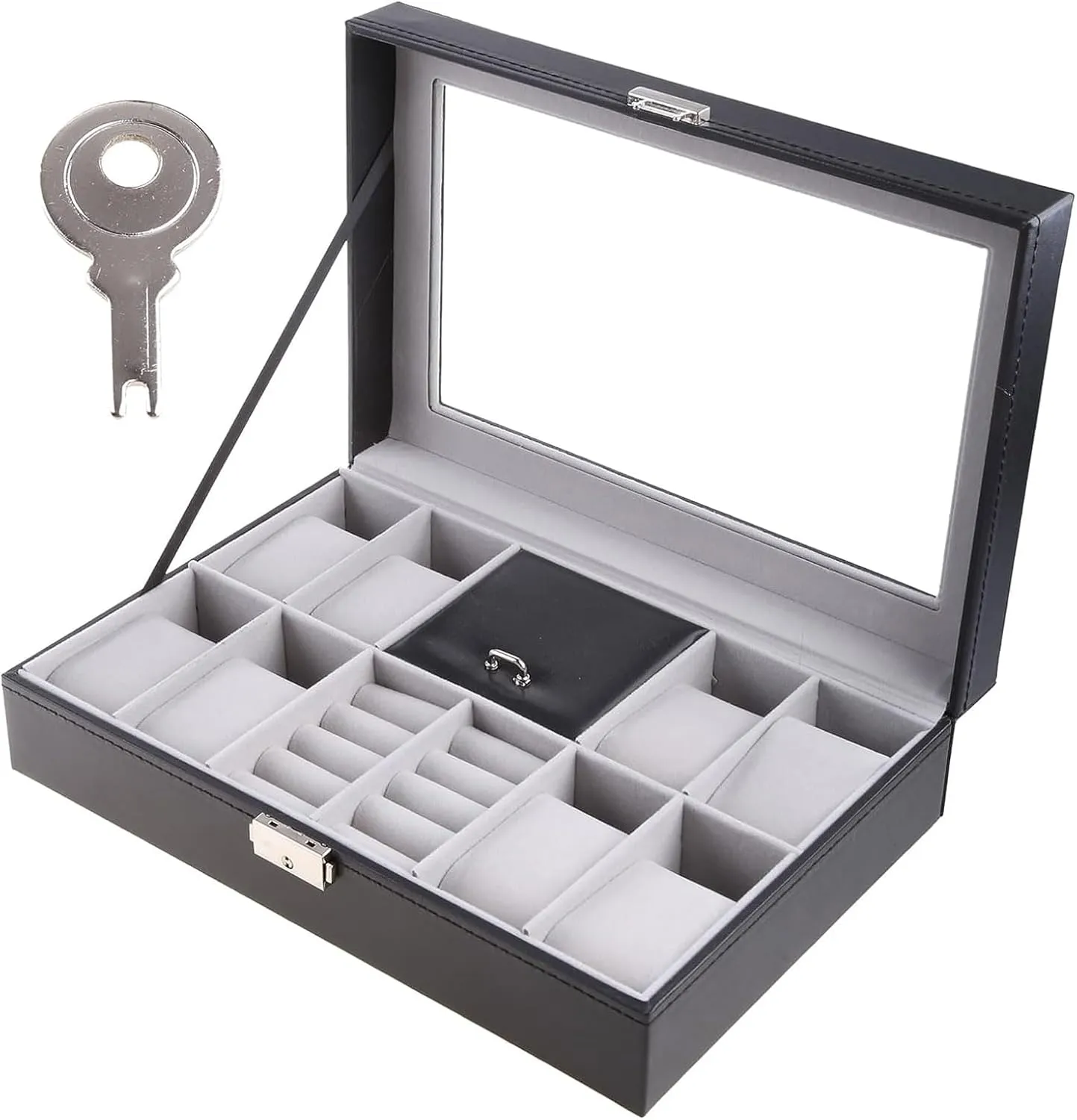 Watch Organizer 11.8in Multifunctional Watch Box Lockable Jewelry Box with Transparent Glass Lid Watch Storage Box for Watch Bracelet Ring Organizer Watch Case