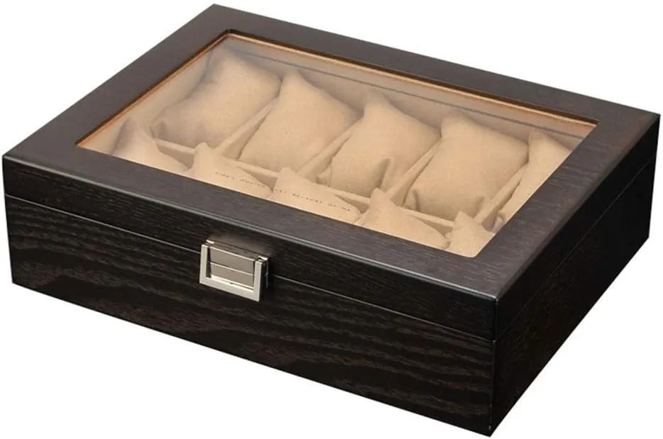 Watch Storage Box Luxury Wooden 10 Grid Watch Boxes Removable Pads Dispaly with Compartments Transparent Window Box Travel Case Gift Display Storage Watch Display Storage Box