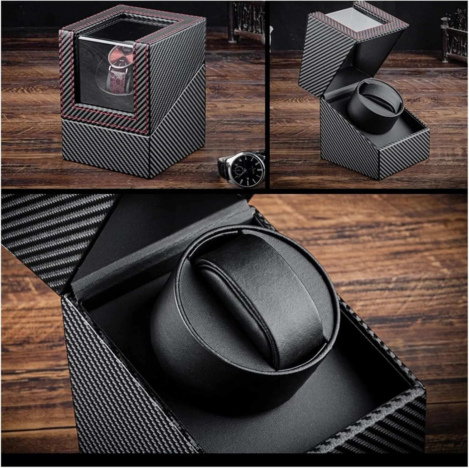 Watches Box Watch Watch Box Household Carbon Fiber Pattern Leather Mechanical Watch Storage Display Box with Acrylic Display Skylight Watch Box(S12cm)