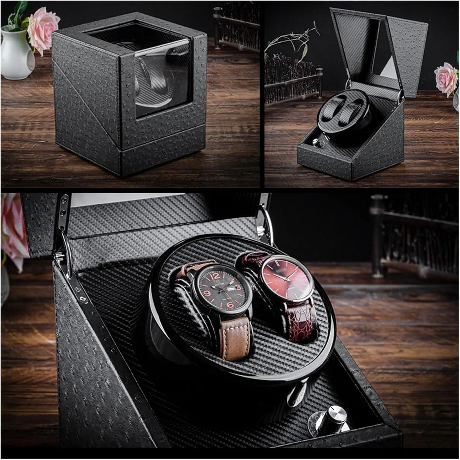 Watches Box Watch Watch Box Household Carbon Fiber Pattern Leather Mechanical Watch Storage Display Box with Acrylic Display Skylight Watch Box(S12cm)