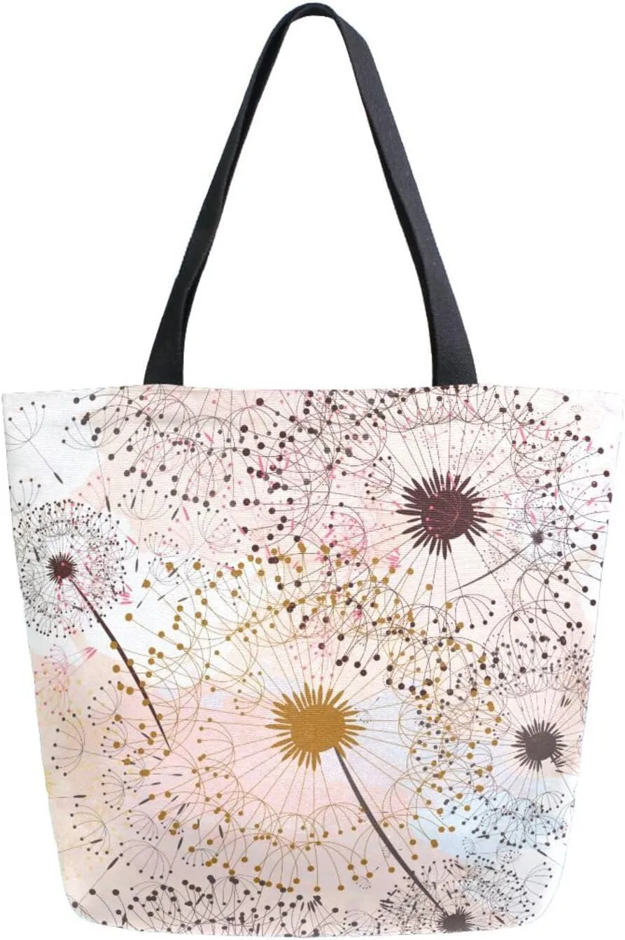 Watercolor Dandelion Flower Canvas Tote Bag for Women with Zipper Pocket Reusable Grocery Shopping Bags Large Travel Shoulder Bag Handbag Bags
