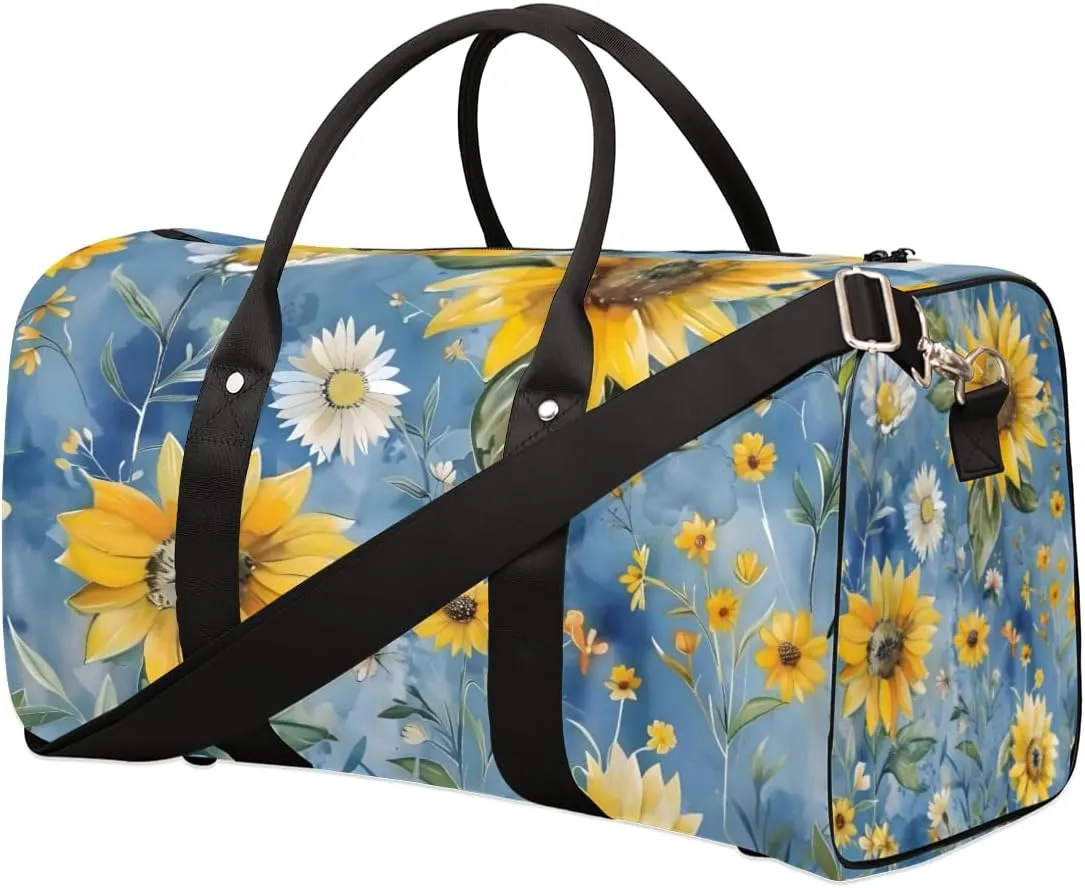 Watercolor Sunflower Travel Duffle Bag for Women Men Gym Duffel Foldable Bag Waterproof Weekender Flower Plant Duffle Tote