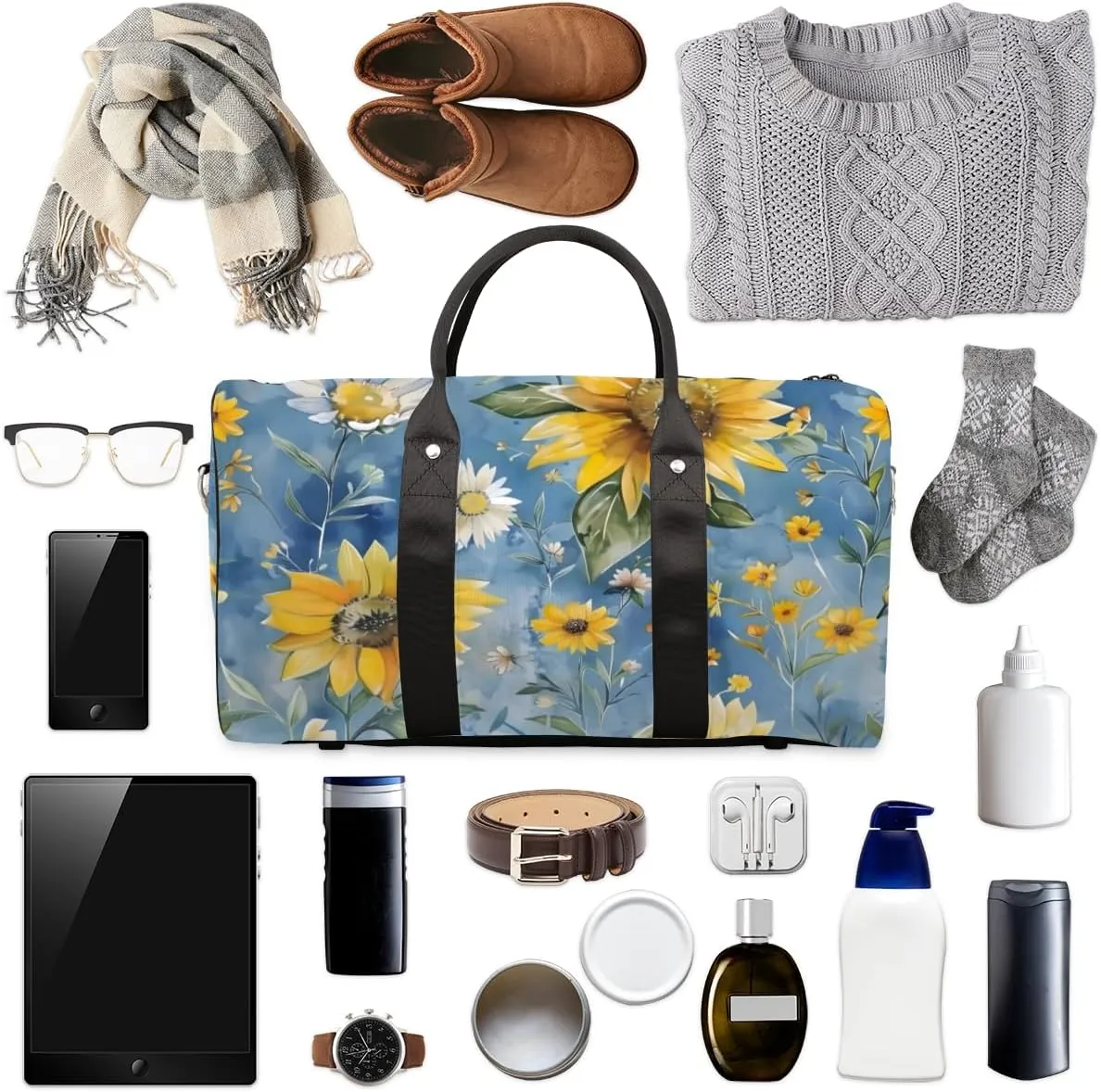 Watercolor Sunflower Travel Duffle Bag for Women Men Gym Duffel Foldable Bag Waterproof Weekender Flower Plant Duffle Tote