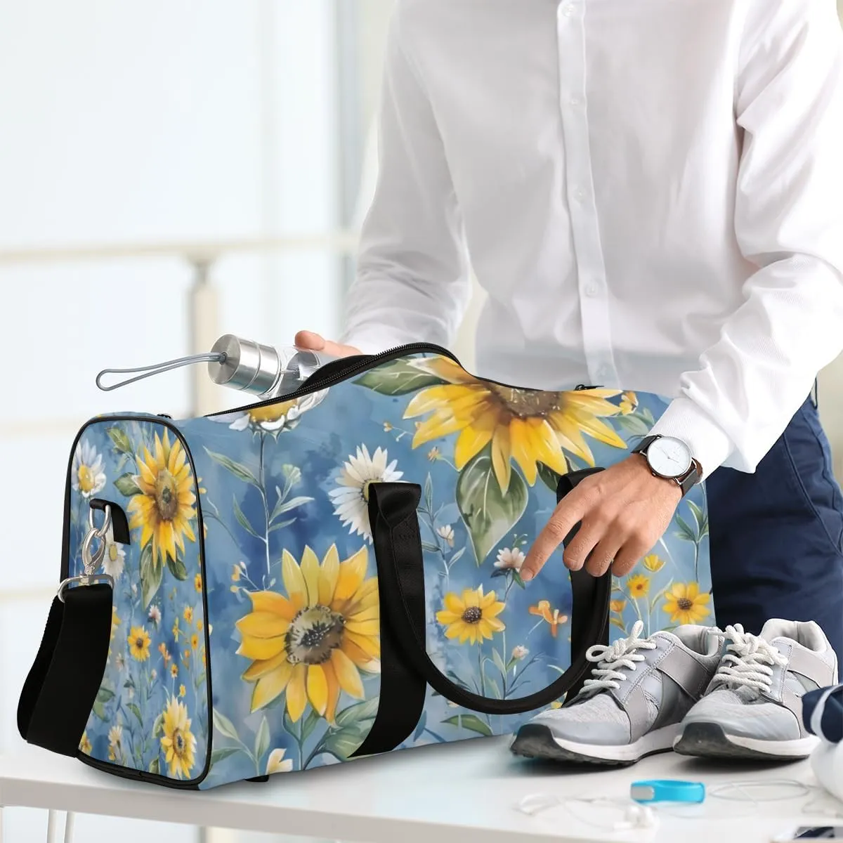 Watercolor Sunflower Travel Duffle Bag for Women Men Gym Duffel Foldable Bag Waterproof Weekender Flower Plant Duffle Tote
