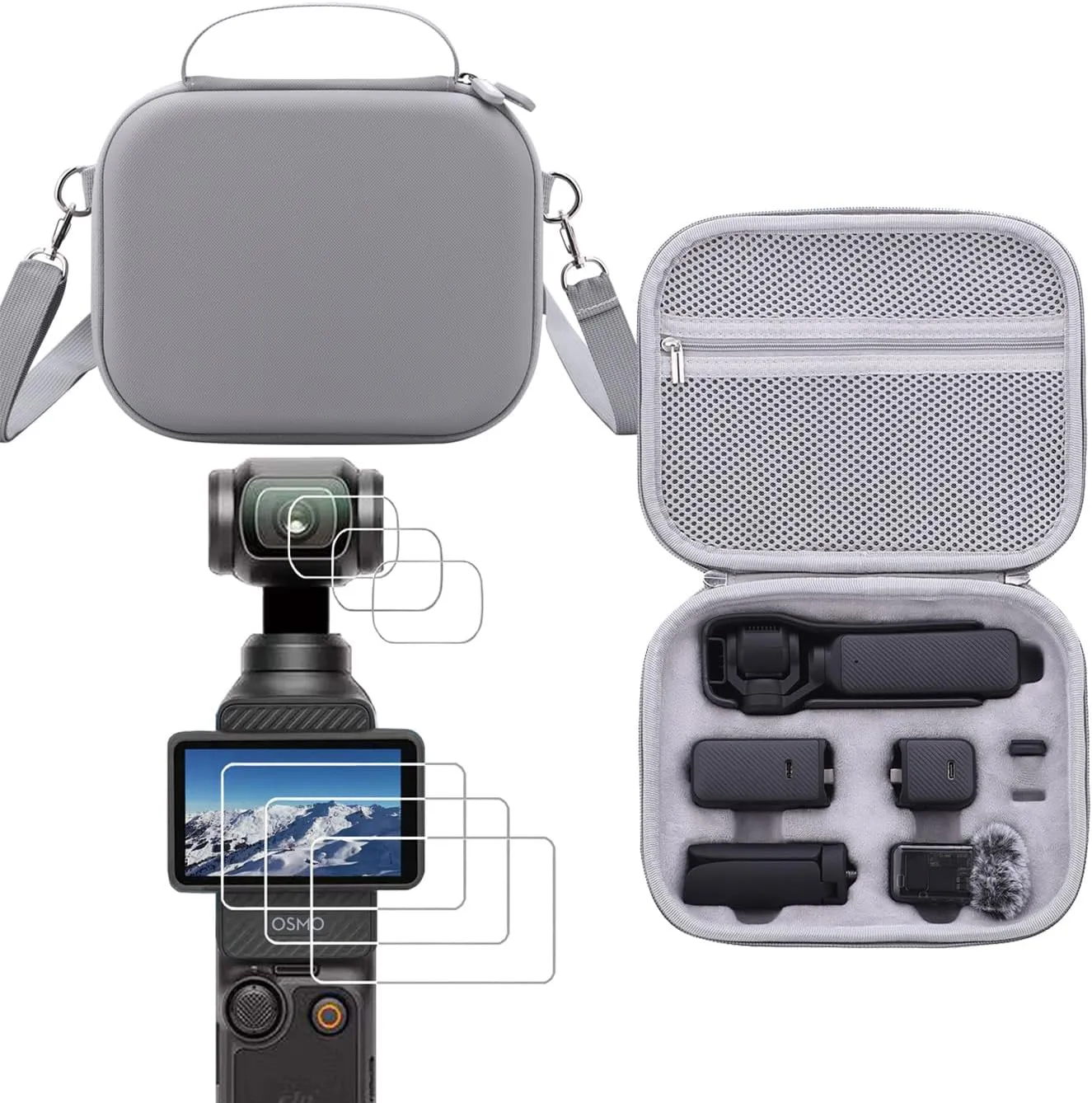 Waterproof Anti-shock Camera Case Hard Portable crossbody Bag Compatible for DJI OSMO POCKET 3, 3pcs LCD and 3pcs Lens Screen Protector Tempered Glass Hard Protective Film Cover