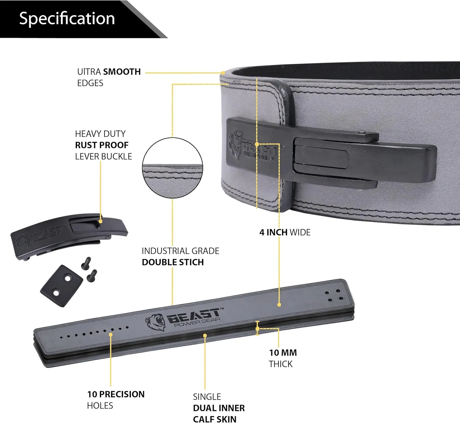 Weight Lifting Belt Lever Buckle 10MM 13MM Thick & 4 Inches Free Strap Weightlifting, Powerlifting, Deadlifts, Squats Men Women