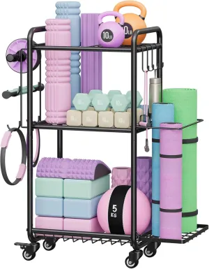 Weight Rack for Home Gym, All in One Yoga Mat Storage Rack, Workout Equipment Storage with Wheels and Hooks for Dumbbells Kettlebells Foam Rollers, Powder Coated