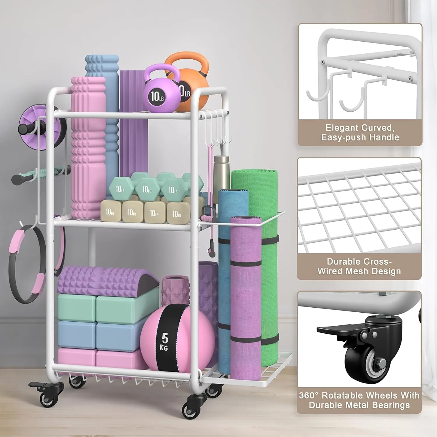 Weight Rack for Home Gym, All in One Yoga Mat Storage Rack, Workout Equipment Storage with Wheels and Hooks for Dumbbells Kettlebells Foam Rollers, Powder Coated