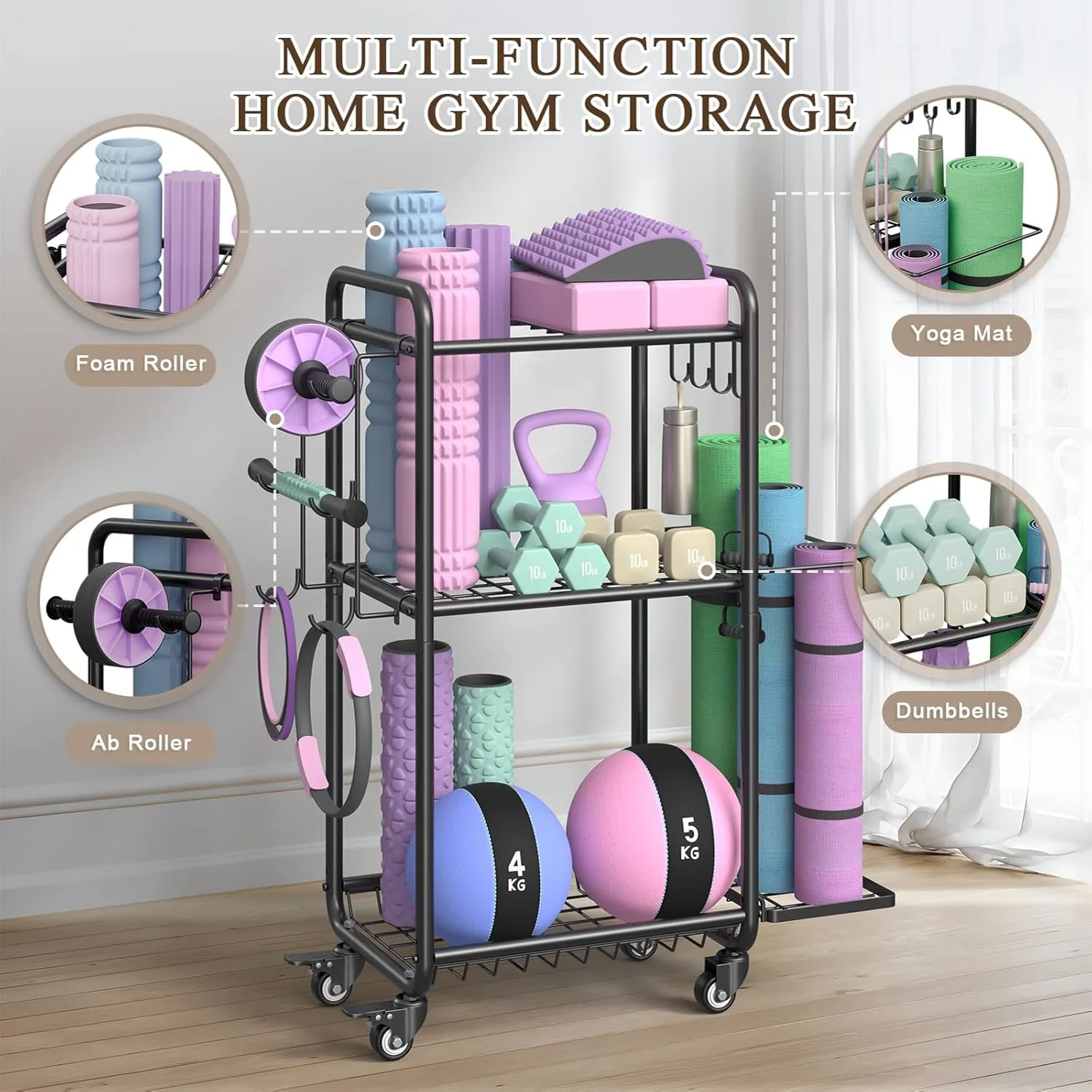 Weight Rack for Home Gym, All in One Yoga Mat Storage Rack, Workout Equipment Storage with Wheels and Hooks for Dumbbells Kettlebells Foam Rollers, Powder Coated