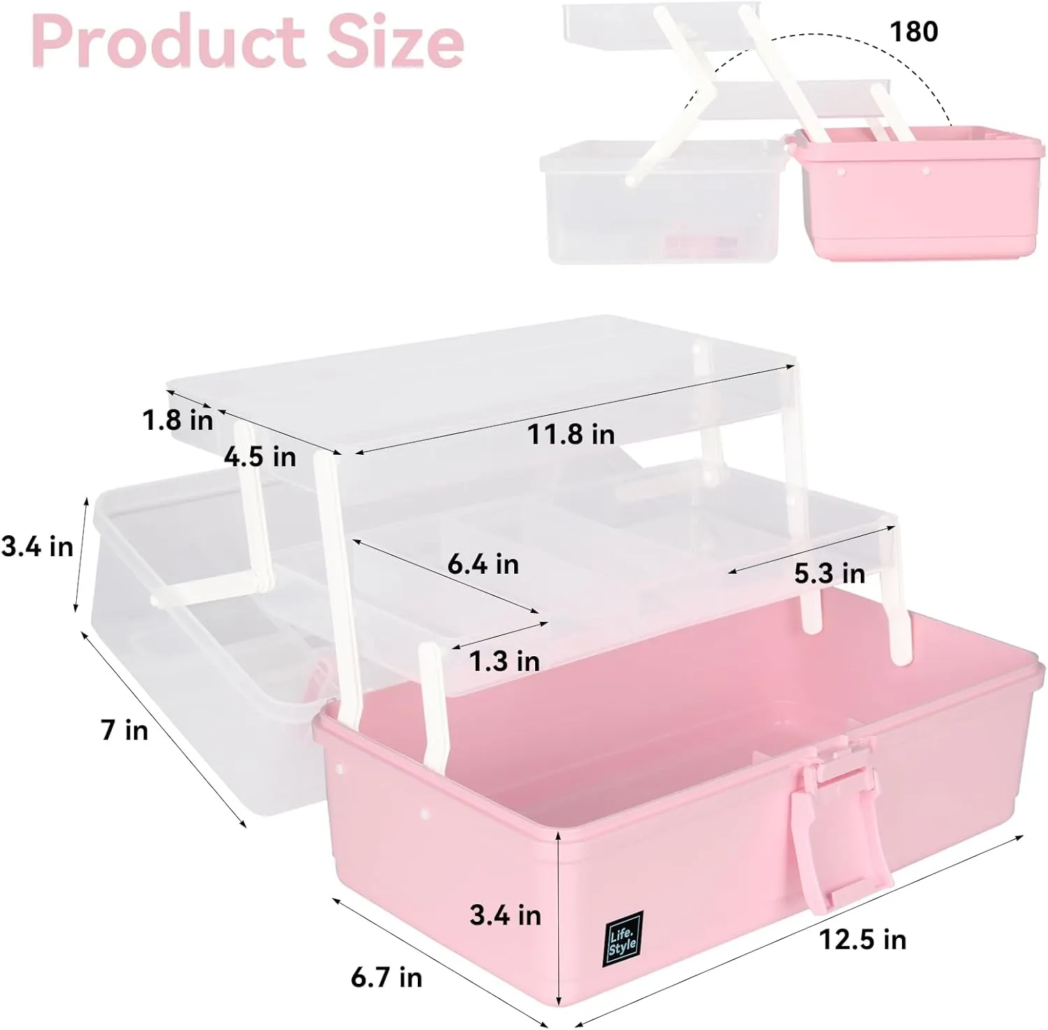 WEWLINE Hair Accessories Organizer 13-Inch Art Supply Bin Sewing Box 3-Layers Craft Storage Organizer with Handle Pink Tool Tackle Box Storage Great Gift for Kids