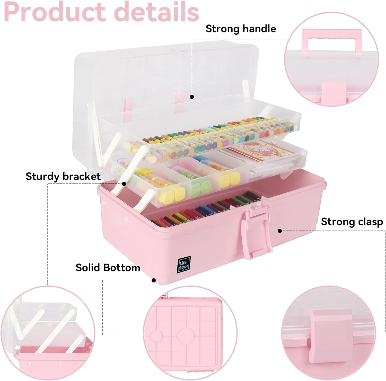 WEWLINE Hair Accessories Organizer 13-Inch Art Supply Bin Sewing Box 3-Layers Craft Storage Organizer with Handle Pink Tool Tackle Box Storage Great Gift for Kids