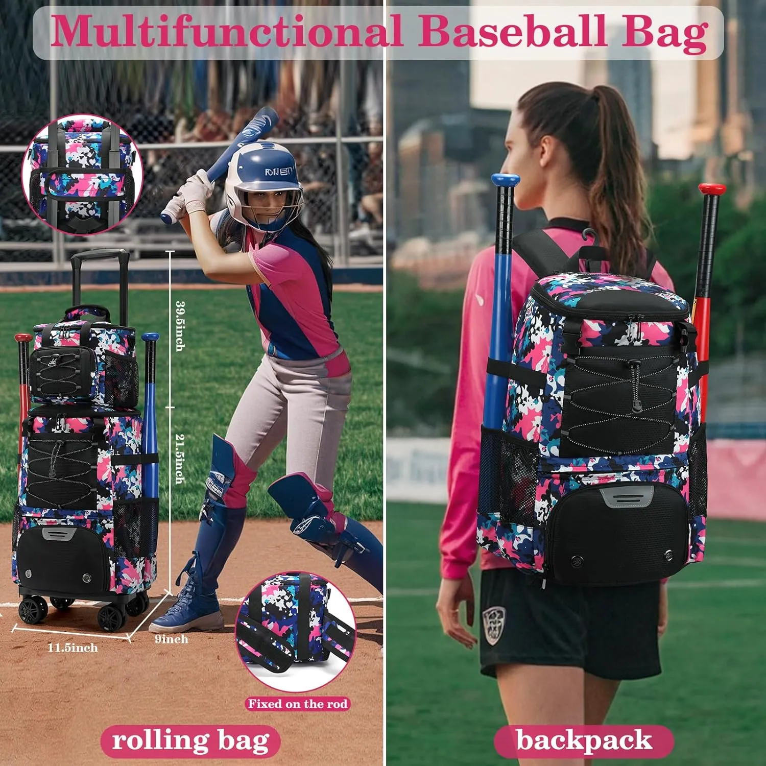 Wheeled Baseball Bag With Shoe Compartment - Lightweight Rolling Softball Bat Bag for Tball Gear & Equipment