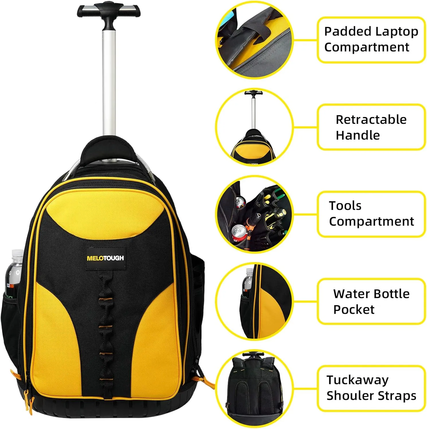 Wheeled Rolling Tool Bag Heavy Duty Tool Backpack for Men Tool Organizer Bag Including Laptop Sleeve(Yellow)
