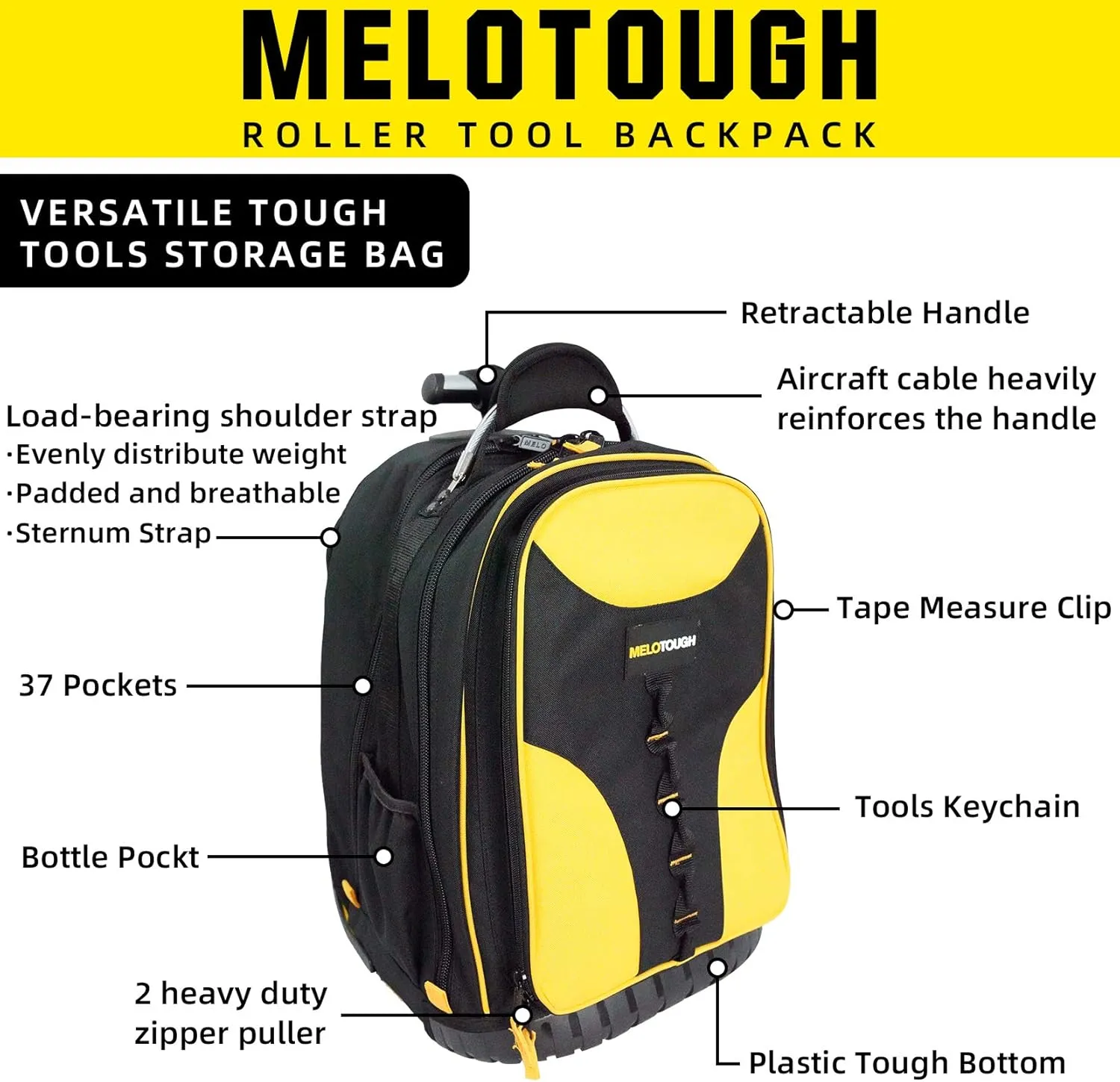 Wheeled Rolling Tool Bag Heavy Duty Tool Backpack for Men Tool Organizer Bag Including Laptop Sleeve(Yellow)