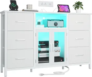 White Dresser for Bedroom Dresser TV Stand with Charging Station for 60" TV 6 Drawer Dresser Entertainment Center with LED Long Fabric Bedroom Dresser Organizer Unit Tall Chest of Drawers for Kids