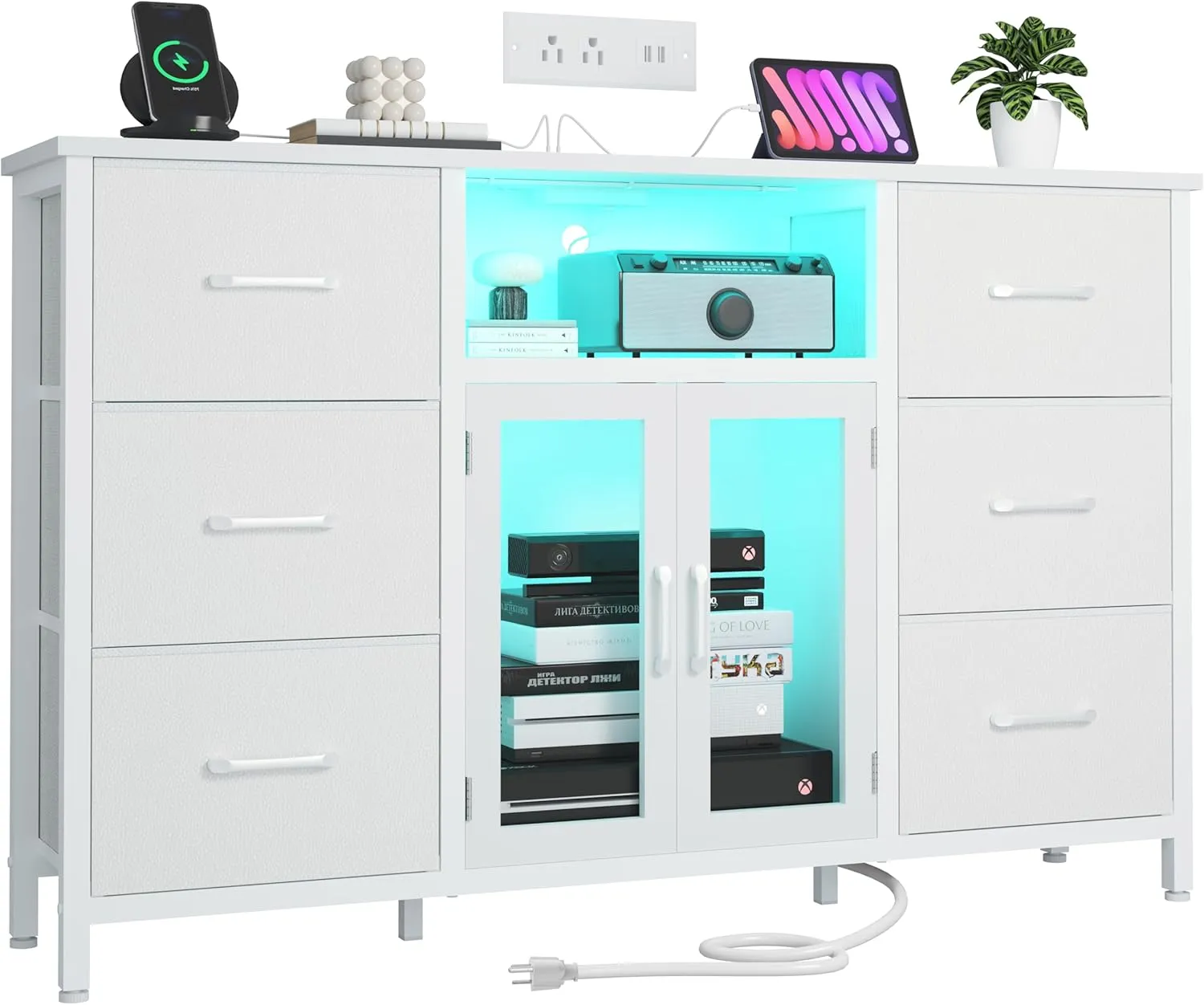 White Dresser for Bedroom Dresser TV Stand with Charging Station for 60" TV 6 Drawer Dresser Entertainment Center with LED Long Fabric Bedroom Dresser Organizer Unit Tall Chest of Drawers for Kids