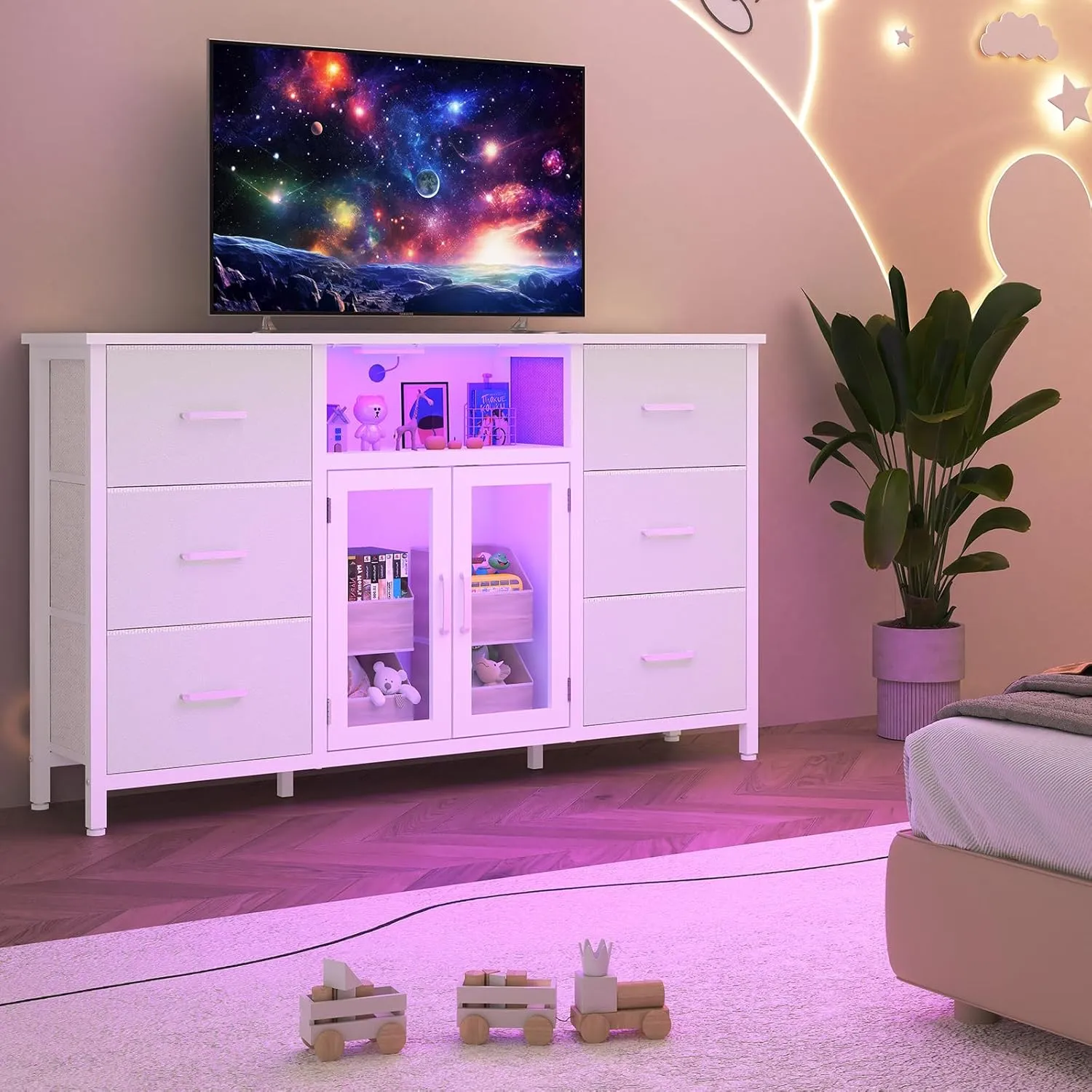 White Dresser for Bedroom Dresser TV Stand with Charging Station for 60" TV 6 Drawer Dresser Entertainment Center with LED Long Fabric Bedroom Dresser Organizer Unit Tall Chest of Drawers for Kids