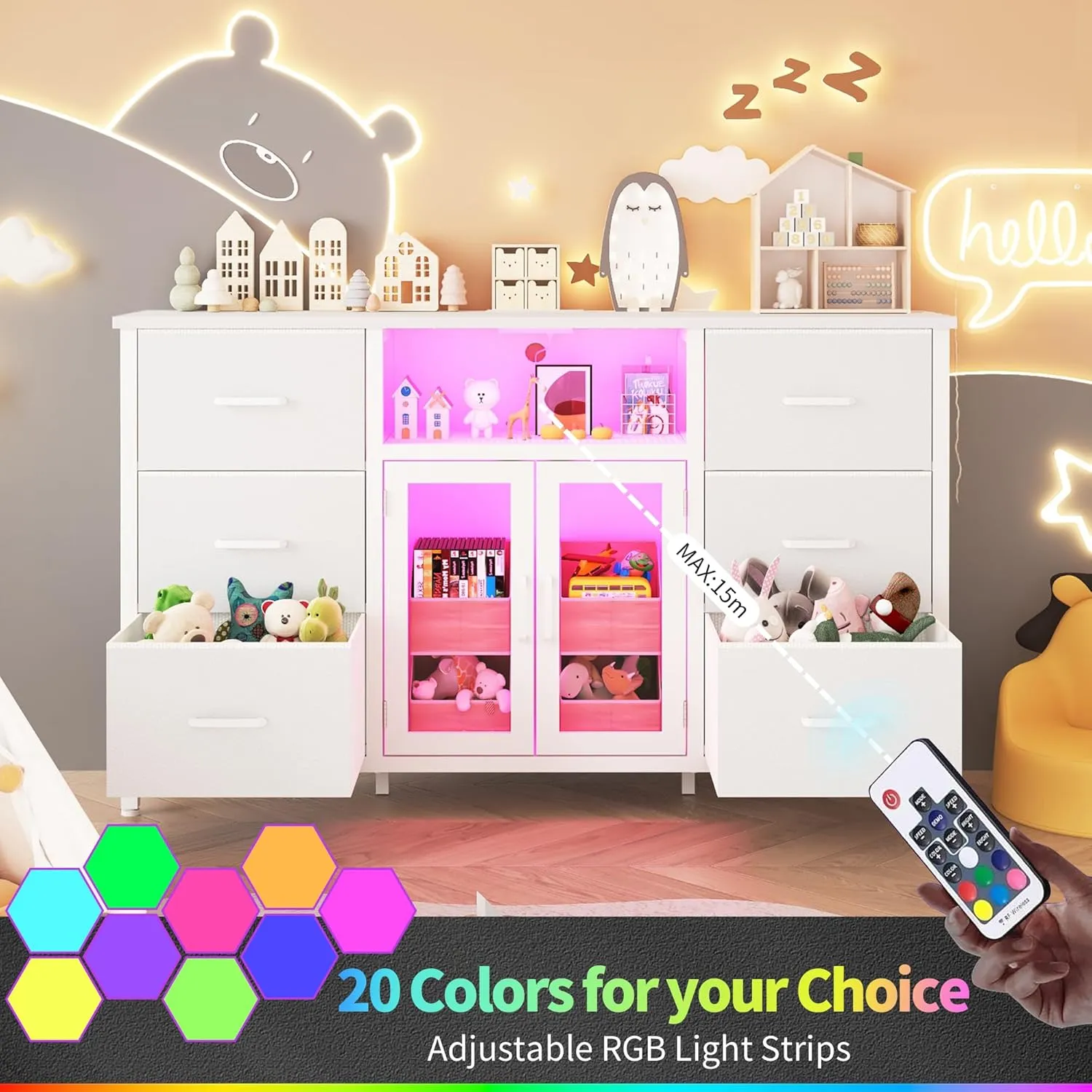 White Dresser for Bedroom Dresser TV Stand with Charging Station for 60" TV 6 Drawer Dresser Entertainment Center with LED Long Fabric Bedroom Dresser Organizer Unit Tall Chest of Drawers for Kids