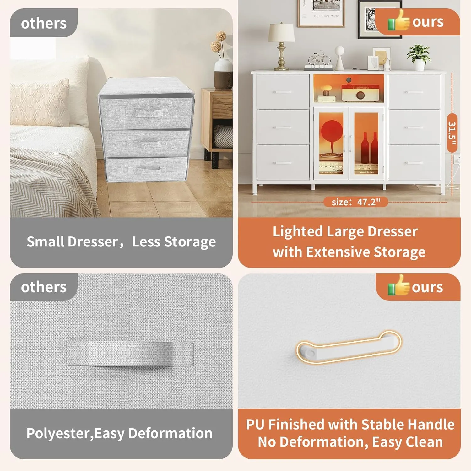White Dresser for Bedroom Dresser TV Stand with Charging Station for 60" TV 6 Drawer Dresser Entertainment Center with LED Long Fabric Bedroom Dresser Organizer Unit Tall Chest of Drawers for Kids