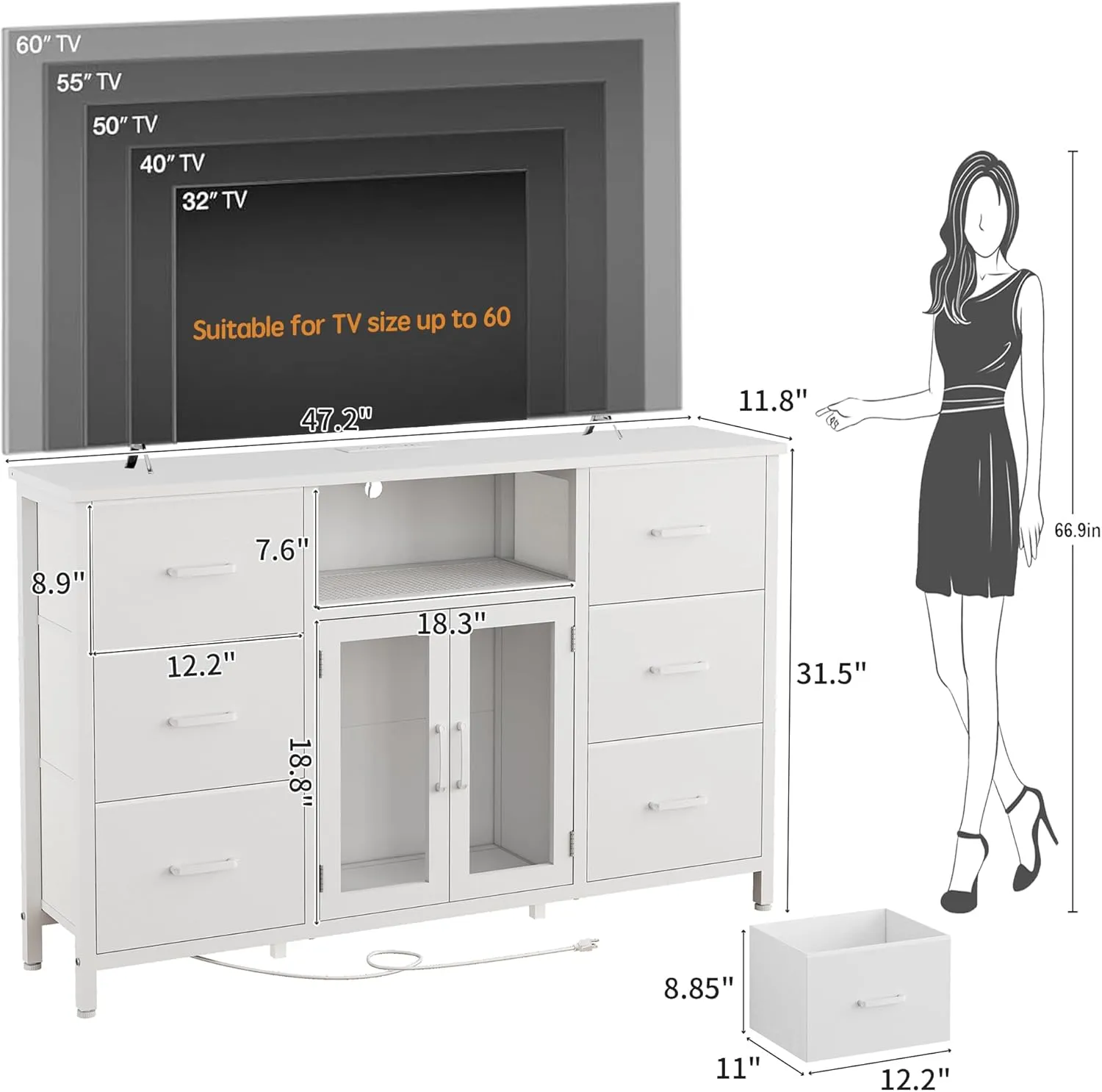 White Dresser for Bedroom Dresser TV Stand with Charging Station for 60" TV 6 Drawer Dresser Entertainment Center with LED Long Fabric Bedroom Dresser Organizer Unit Tall Chest of Drawers for Kids