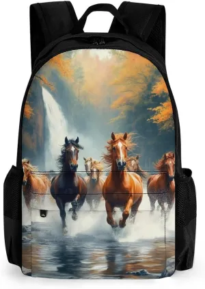 Wild Animal Horses Running In River Water Horse Rucksacks Polyester Anti-Theft Multipurpose Carry On Bag Large Capacity Gym Outdoor Hiking Backpack With Smooth Zippers