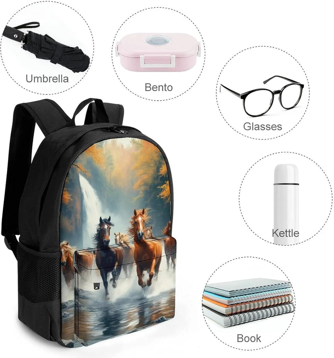 Wild Animal Horses Running In River Water Horse Rucksacks Polyester Anti-Theft Multipurpose Carry On Bag Large Capacity Gym Outdoor Hiking Backpack With Smooth Zippers