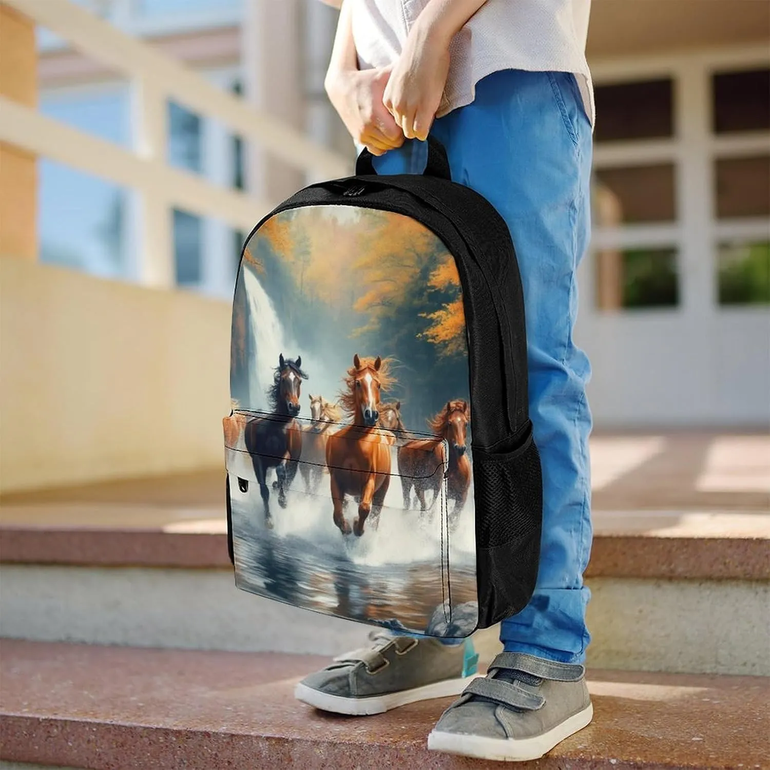Wild Animal Horses Running In River Water Horse Rucksacks Polyester Anti-Theft Multipurpose Carry On Bag Large Capacity Gym Outdoor Hiking Backpack With Smooth Zippers