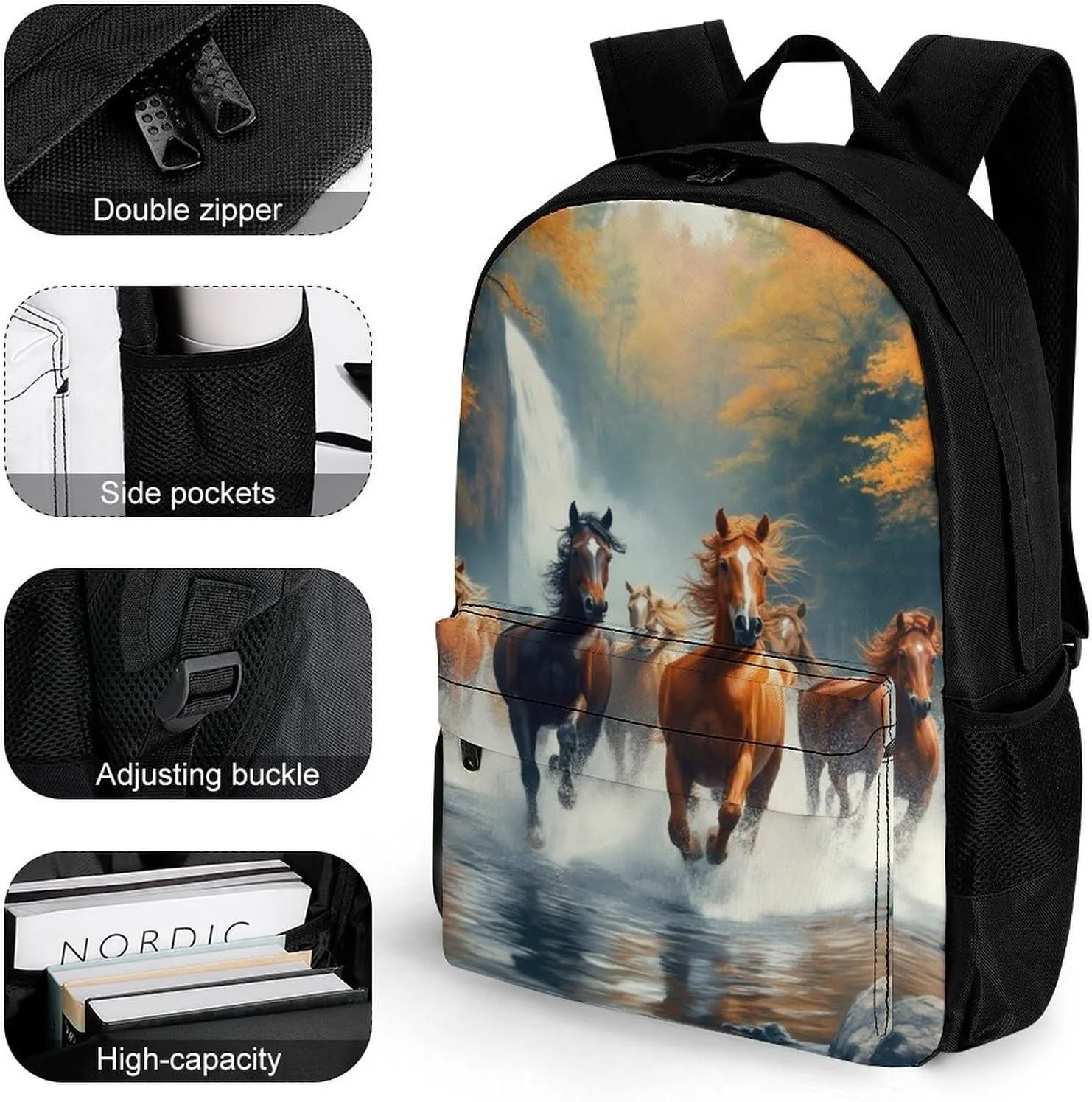 Wild Animal Horses Running In River Water Horse Rucksacks Polyester Anti-Theft Multipurpose Carry On Bag Large Capacity Gym Outdoor Hiking Backpack With Smooth Zippers