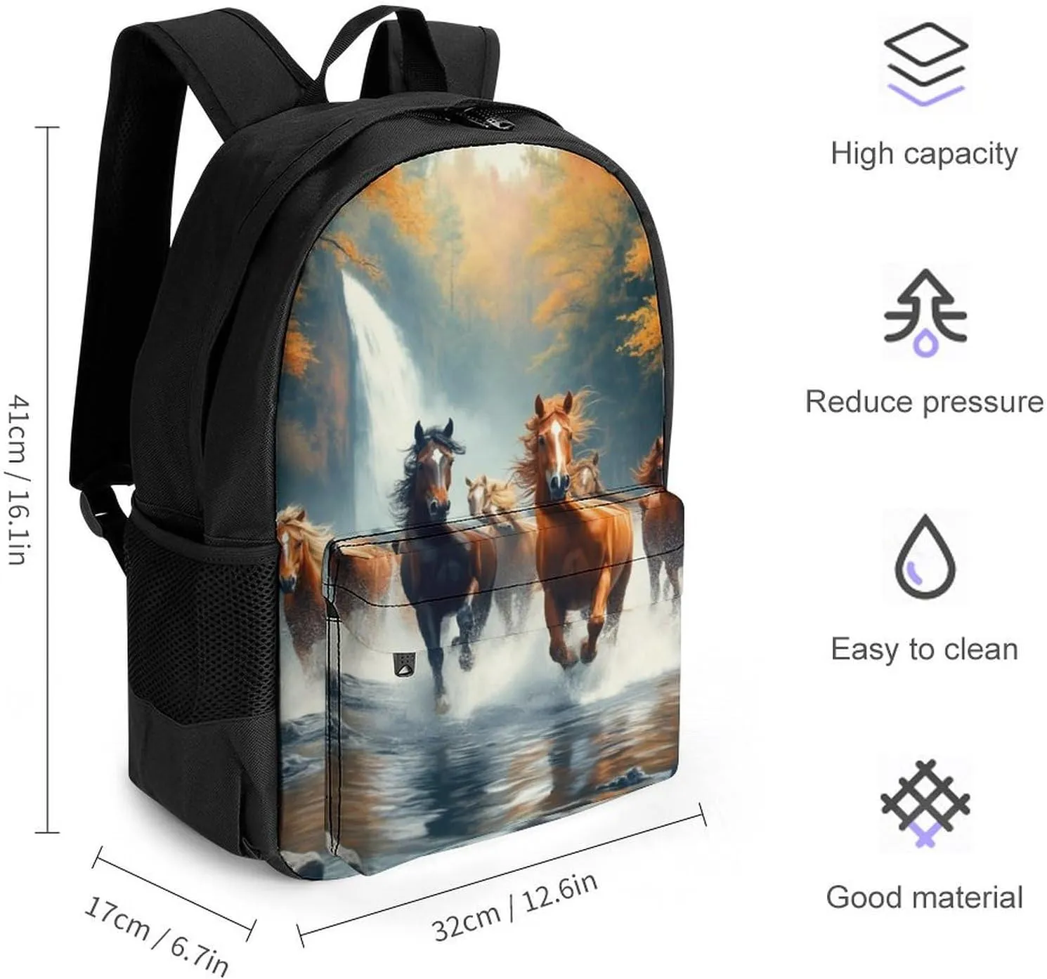Wild Animal Horses Running In River Water Horse Rucksacks Polyester Anti-Theft Multipurpose Carry On Bag Large Capacity Gym Outdoor Hiking Backpack With Smooth Zippers