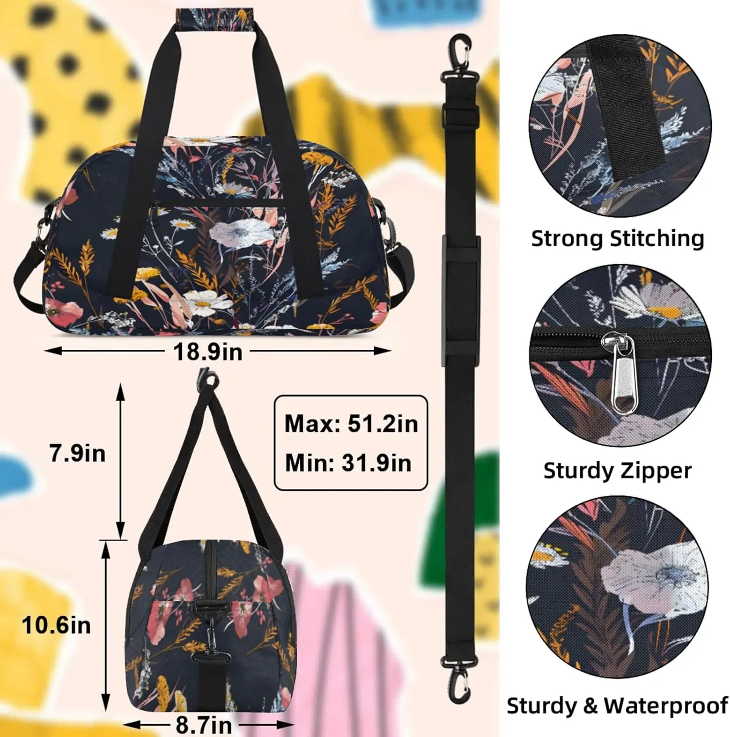 Wildflowers Plant Flower Floral Small Gym Bag 18 inch Carry On Duffel Bag for Weekender Travel Sports Workout Yoga Gymnastics Dance Ballet