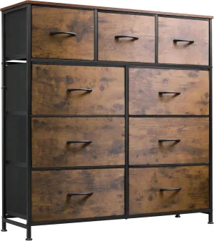 WLIVE 9-Drawer Dresser, Fabric Storage Tower for Bedroom, Hallway, Entryway, Closet, Tall Chest Organizer Unit with Fabric Bins, Steel Frame, Wood Top, Easy Pull Handle, Rustic Brown Wood Grain Print