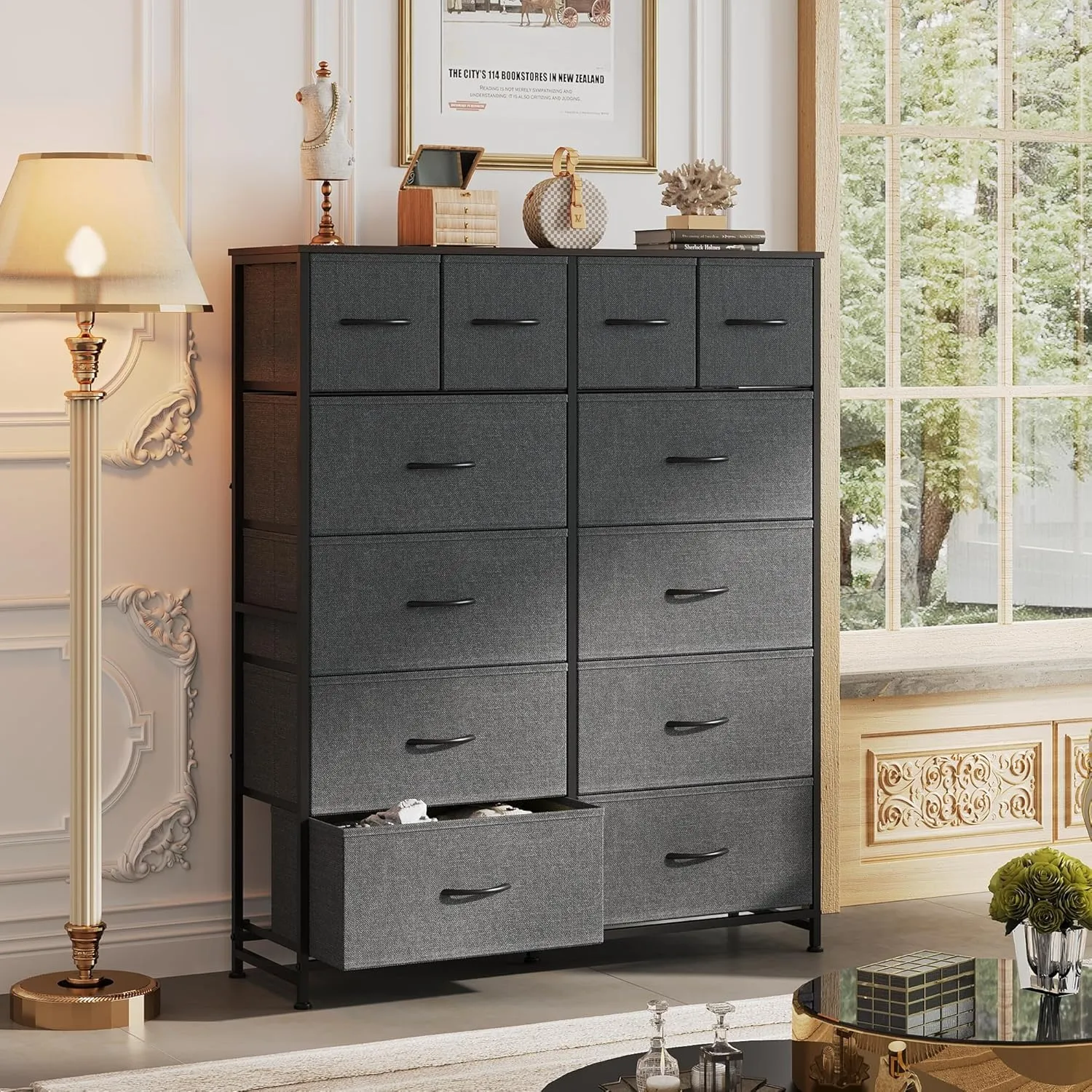 WLIVE Tall Dresser for Bedroom with 12 Drawers, Chests of Drawers, Fabric Dressers for Bedroom, Closet, Fabric Storage Dresser with Storage Drawers, Steel Frame, Wood Top, Dark Grey