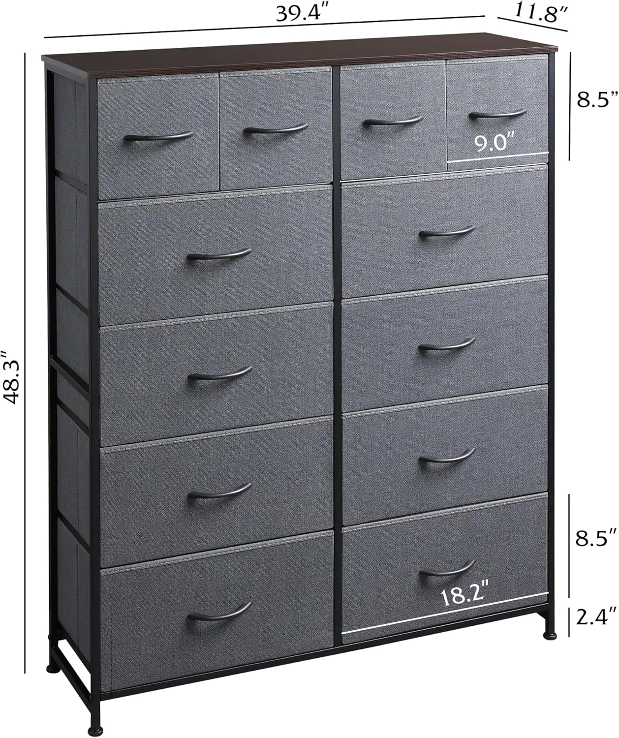 WLIVE Tall Dresser for Bedroom with 12 Drawers, Chests of Drawers, Fabric Dressers for Bedroom, Closet, Fabric Storage Dresser with Storage Drawers, Steel Frame, Wood Top, Dark Grey