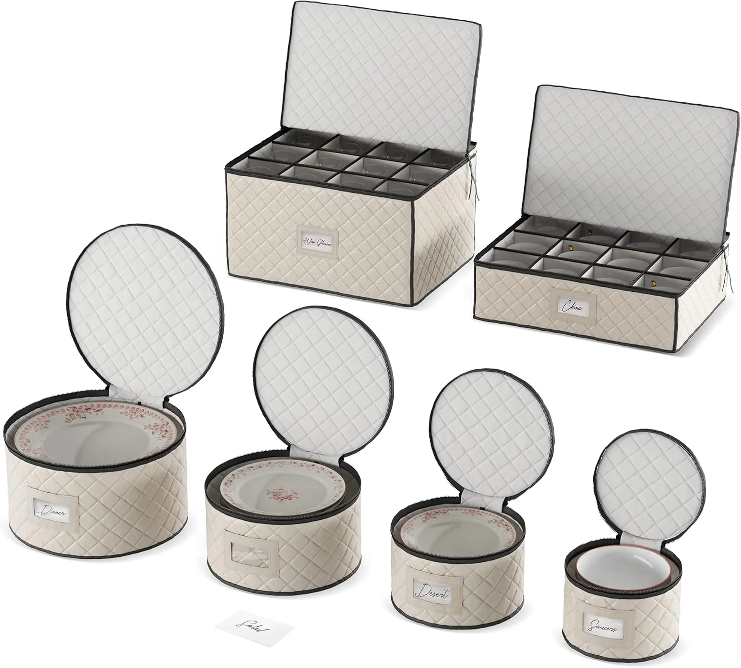 ﻿﻿Woffit China Storage Containers - 6 Pack, Quilted Dinnerware & Stemware Set Bins for Packing Dishes and Glasses w/ 48 Felt Protectors - Essential Dish Supplies for Moving, Christmas, Seasonal Storage