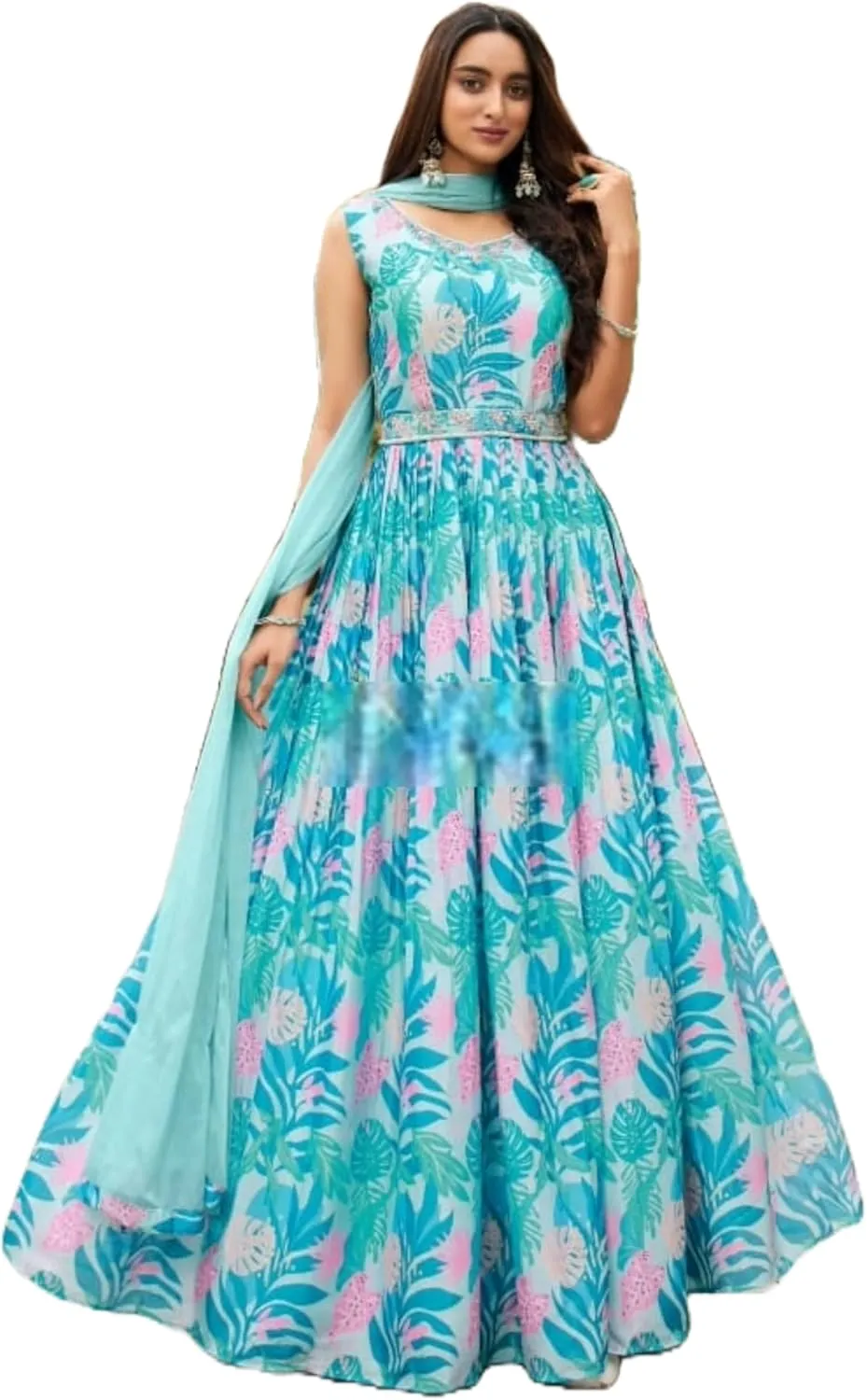 Women Silk Fabric Flower Print Handwork One Piece Partywear Suit 10968