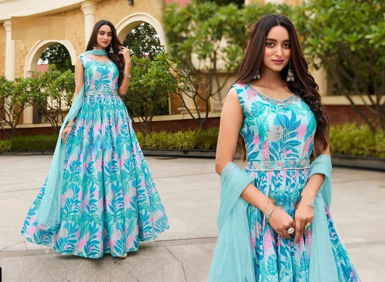 Women Silk Fabric Flower Print Handwork One Piece Partywear Suit 10968