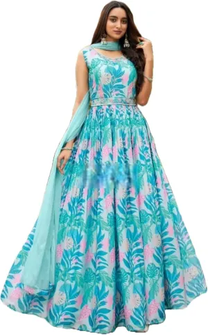 Women Silk Fabric Flower Print Handwork One Piece Partywear Suit 10968