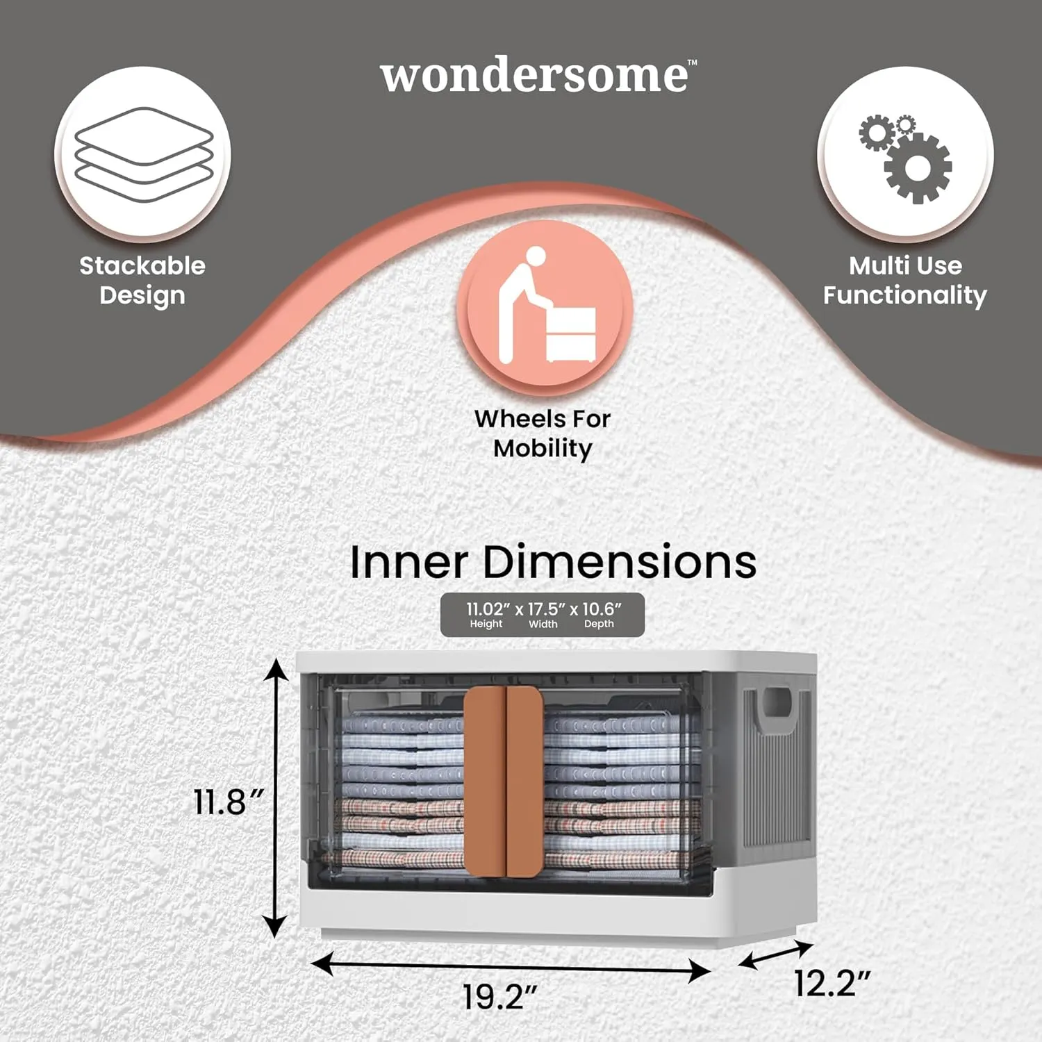 Wondersome Collapsible Storage Bin - Large 8.5-Gallon/33.8-Quart Heavy-Duty Stackable Wheeled Clothing, Shoe, Bedroom, Office Organizer - Foldable Container and Assembles in Moments - US-Based Brand