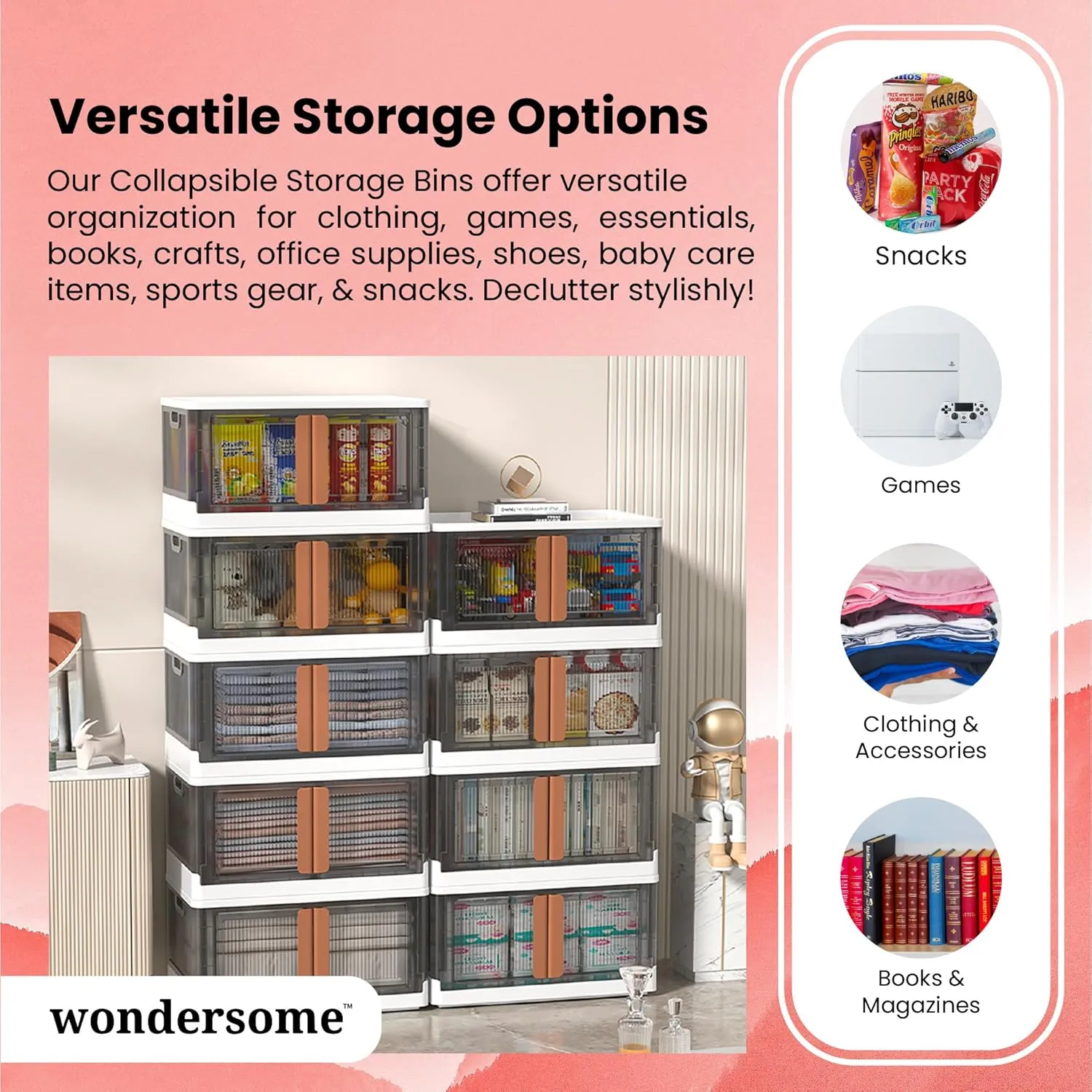 Wondersome Collapsible Storage Bins - 18-Pack of Large 8.5-Gallon/33.8-Quart Stackable Wheeled Clothing, Shoe, Bedroom, Office Organizer - Foldable Containers and Assembles in Second - US-Based Brand