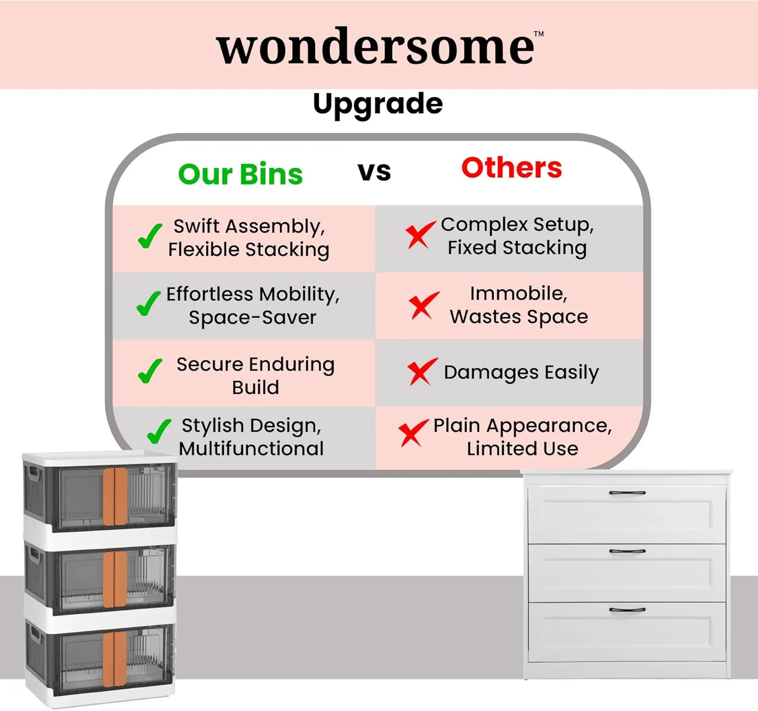 Wondersome Collapsible Storage Bins - 18-Pack of Large 8.5-Gallon/33.8-Quart Stackable Wheeled Clothing, Shoe, Bedroom, Office Organizer - Foldable Containers and Assembles in Second - US-Based Brand