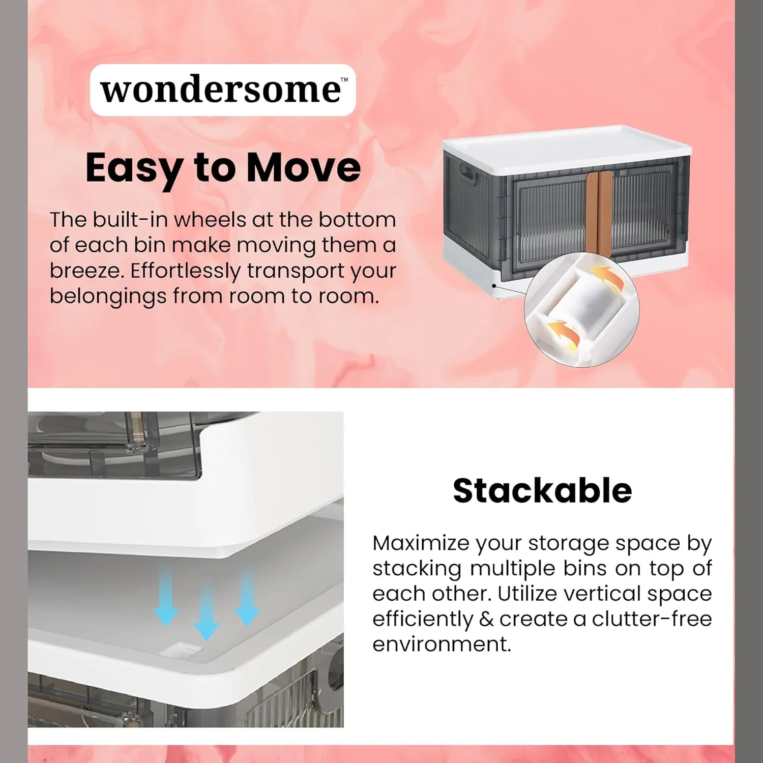 Wondersome Collapsible Storage Bins - 18-Pack of Large 8.5-Gallon/33.8-Quart Stackable Wheeled Clothing, Shoe, Bedroom, Office Organizer - Foldable Containers and Assembles in Second - US-Based Brand