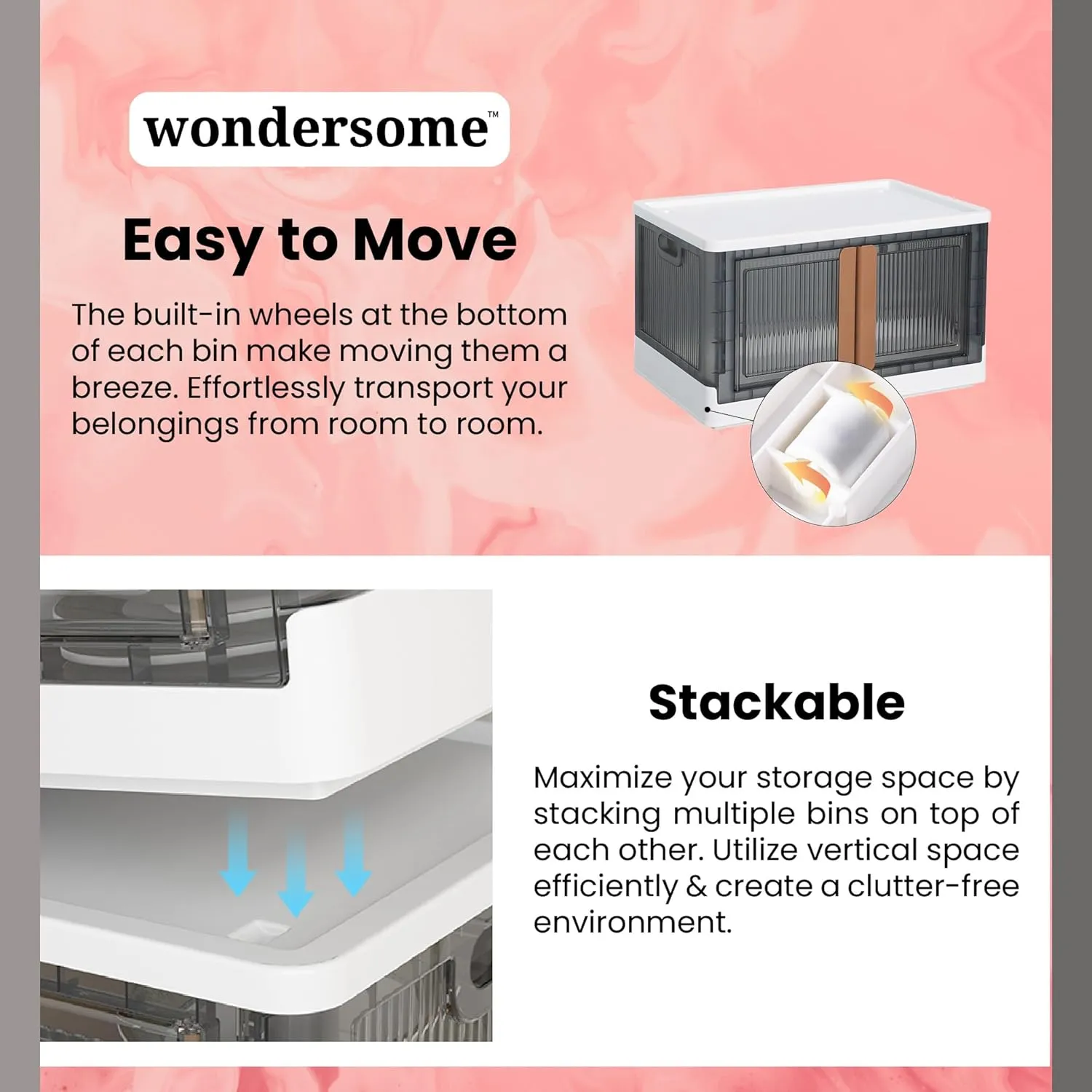 Wondersome Collapsible Storage Bins - 3-Pack of Large 8.5-Gallon/33.8-Quart Stackable Wheeled Clothing, Shoe, Bedroom, Office Organizer - Foldable Containers and Assembles in Second - US-Based Brand
