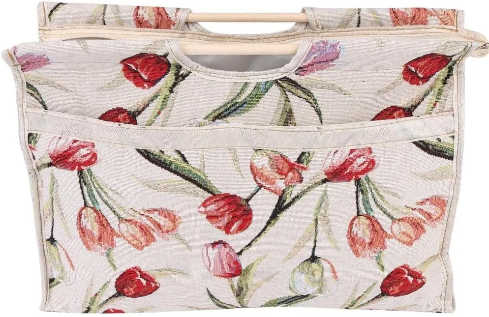 Wood Handles Knitting Bag Travel Yarn Organizer Crochet Bag for Knitting Needles Sewing Tools 16.5x11.8x4.3in(Red Flower)